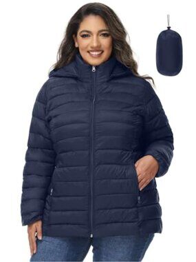 Plus Size Puffer Jacket with Hood Packable Quilted Travel Coat